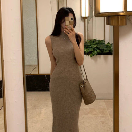 South Korea Dongdaemun Sexy Feminine High Neck Slim Figure Solid Color Elegant Long Knitted Sleeveless dress