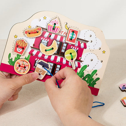 Wooden two-in-one string string beaded puzzle string animal fruit traffic large particle string wooden toy