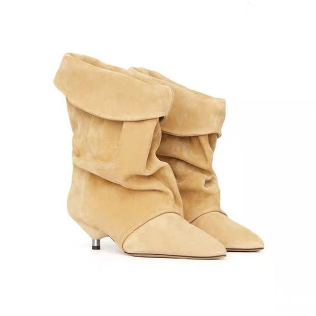 European and American New Style Kitten Heel Pointed Sleeve Pleated Suede Heap Boots Foreign Trade plus size Wide Cowboy Boots Women's Naked Boots