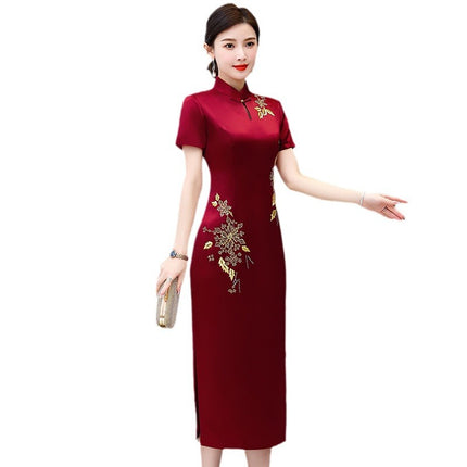 Acetic Acid Satin Embroidered Cheongsam Dress Happy Mother Wedding Dress dress wine red Fashion Young Slim Dress