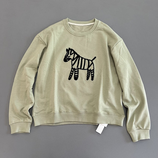 90 terry cotton thick hand towel embroidered zebra sweater round neck loose long sleeve top autumn new women's sweater