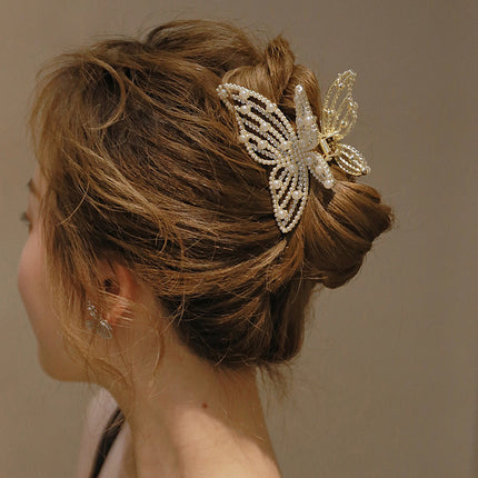 Butterfly Pearl Rhinestone hair clip women's back head updo elegant hair grip luxury headdress hair volume shark clip