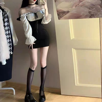 Autumn and winter hot girl fake two-piece dress women's new French long-sleeved high-grade waist slim hip short skirt