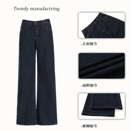 Retro Versatile Red Line Design Slim Wide-Leg Jeans Loose Straight Floor-Length Pants for Autumn 2025 by Li She