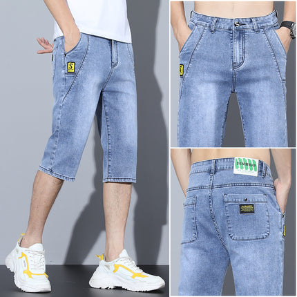 Men's Loose Straight Denim Shorts Summer Thin Cropped Pants Korean Style Trendy Slim Fit Stretch Casual 7-Point Pants