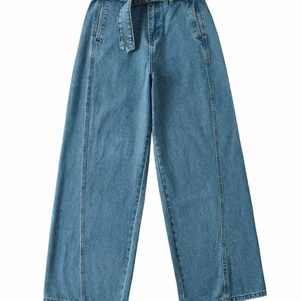 American Retro Wide-Leg Jeans Spring New High-Waist Belt Loose Slimming Look Casual Straight Pants Floor-Length Pants
