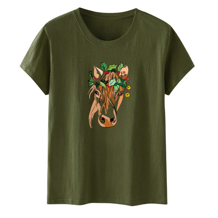 Amazon a generation of hair with green flowers horse head printed loose European and American printed ladies casual T-shirt women's jacket