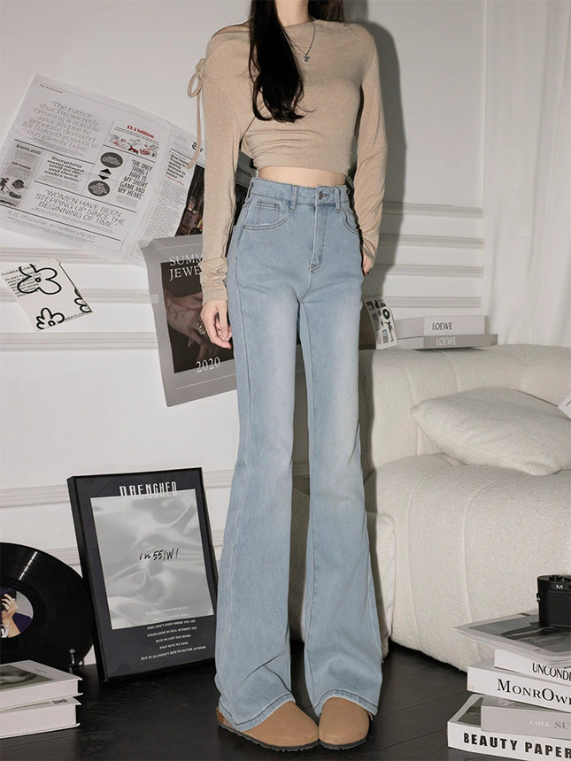 Petite Washed Light-Colored High-Waisted Flared Jeans for Women 2025 Spring New Slim Fit Bootcut Pants