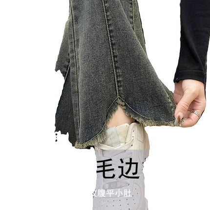 Women's Flared Pants 2025 Spring High-Waisted Tummy-Concealing Slightly Chubby Front Slit Tassel Flared Denim Floor-Length Pants