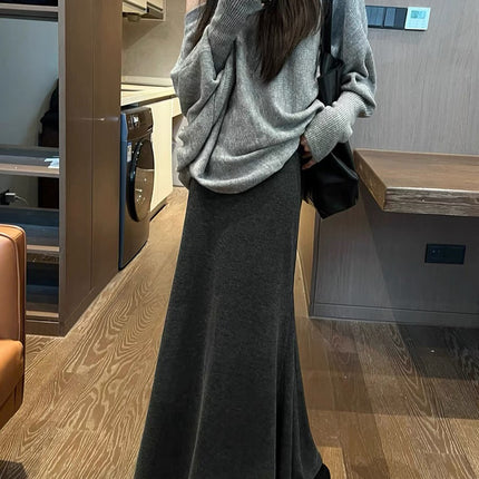 Gray Fishtail Skirt for Women, Autumn and Winter Long Skirt, Versatile Elegant, A-Line Hip-Covering Slimming Look Knitted Skirt, Mid-Length Skirt