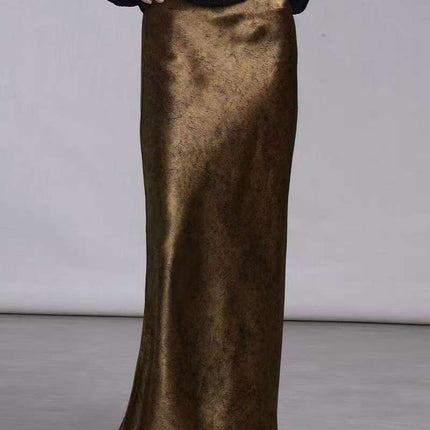 100% Gold-plated Satin Skirt Women's Tortoise Crack Rose Flower Dark Bottom Xiangyun Gauze Triacetate Hip Fishtail Skirt