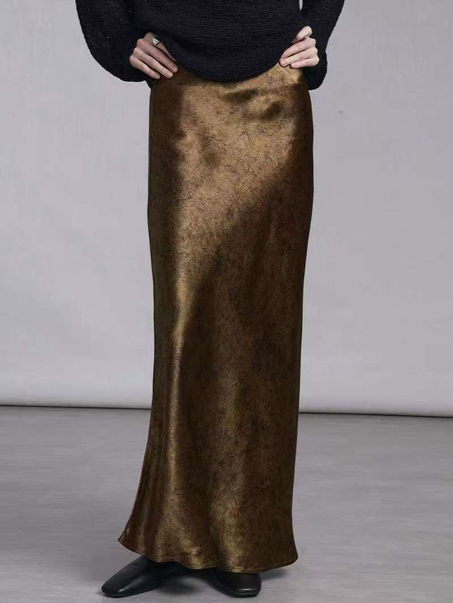 100% Gold-plated Satin Skirt Women's Tortoise Crack Rose Flower Dark Bottom Xiangyun Gauze Triacetate Hip Fishtail Skirt