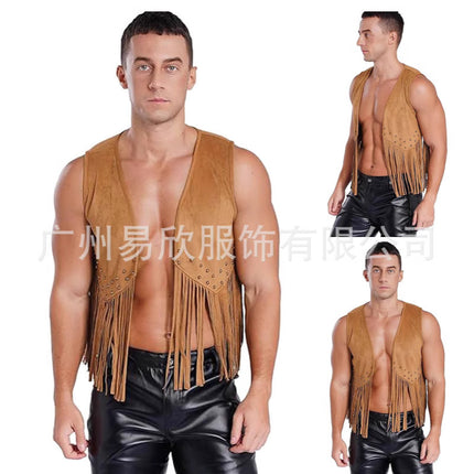 Fringed Vest Men's Imitation Suede Front Open Vintage Vest Sleeveless 70 s Bohemian West Jacket