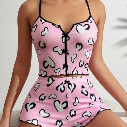 2024 Amazon AliExpress New Product Heart-shaped Printed Contrast Home Clothes Front Split Sling Pajamas suit