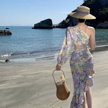 Real Shot New Sexy Slant Shoulder Open Waist dress Holiday Elegant Irregular Ruffled Single Sleeve Dress