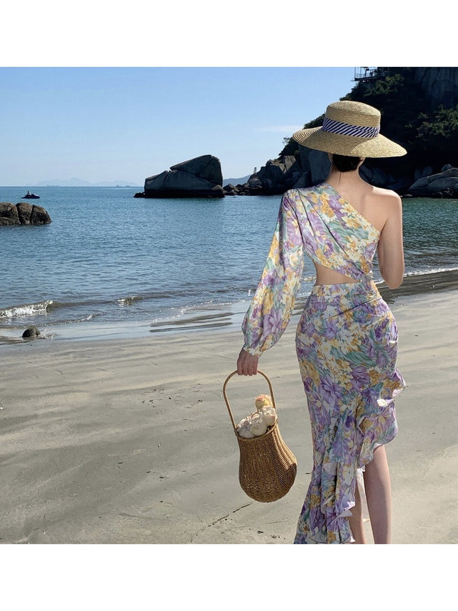 Real Shot New Sexy Slant Shoulder Open Waist dress Holiday Elegant Irregular Ruffled Single Sleeve Dress
