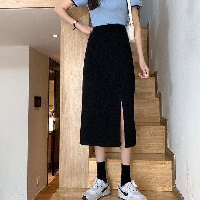 Early autumn versatile split Korean style high-end 20 women's clothing sense 23 mid-length hip skirt high waist slimming A- line skirt