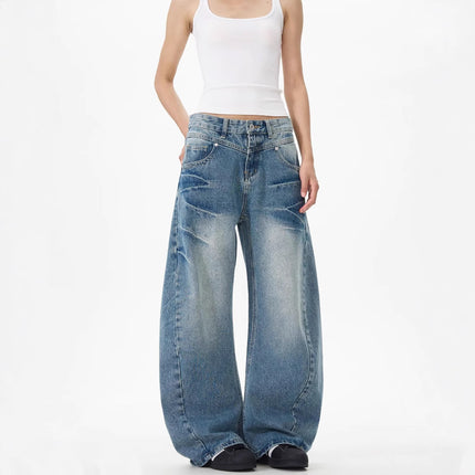 High Street Retro Scimitar Jeans for Women, Washed Lightning Pattern, Deconstructed Three-Dimensional Design, Loose Slimming Wide-Leg Pants