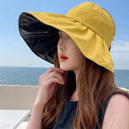 Hat Women's 2025 Summer Popular Large Brim Vinyl Half-Hollow Top Sun Hat Can Tie Ponytail Outdoor Sun Protection Sun Hat