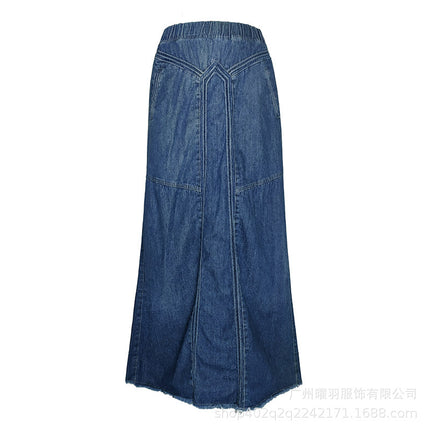 European and American Cross-Border Women's Autumn and Winter Denim A-Line Skirt Bundled with Brushed Elastic High Waist Simple Versatile Long Skirt