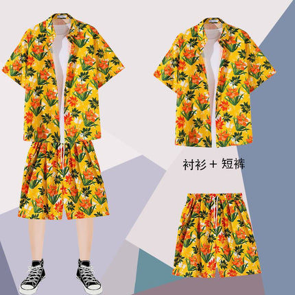 Summer thin short-sleeved floral shirt men's Hong Kong style retro Ruan Shuai Hawaiian seaside couple short-sleeved shorts two-piece set