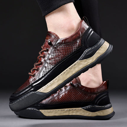 Men's Board Shoes Casual Leather Shoes Men's Summer Hollow Breathable Leather Sandals Real Cowhide sneaker Youth Shoes Black