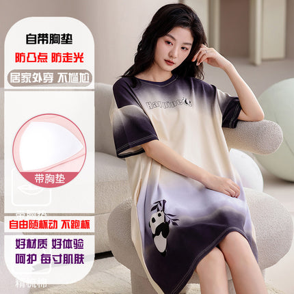 Short-Sleeved Pajamas for Women, Summer Pure Cotton, Pure Cotton Home Clothes with Chest Pads to Prevent Bumps, Can Be Worn Outside, Simple and Casual