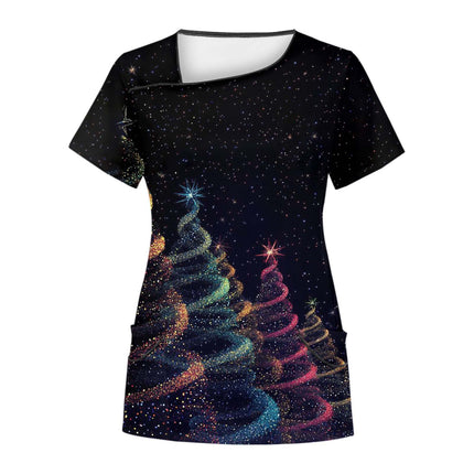 Cross-Border Aliexpress Amazon Women's Short-Sleeved Christmas Positioning Printed Flap Pocket Pants Top Scrub Clothes T-Shirt