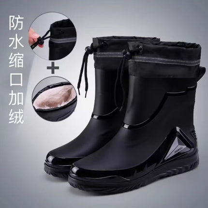 Men's Rain Boots with Cuffs, New Waterproof Shoes, Outdoor Drawstring Boots, Kitchen Non-Slip Work Rubber Shoes, Fleece-Lined Warm Rain Boots