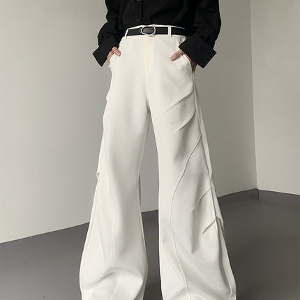 Unique Design White Patchwork Drape Pleated Flared Knife-Cut Dress Pants for Men and Women with a High-End Feel Wide-Leg Dress Pants