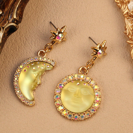 New Cross-Border Bohemian Sun and Moon Earrings Moonstone Asymmetric Earrings Diamond Gemstone Star Earrings