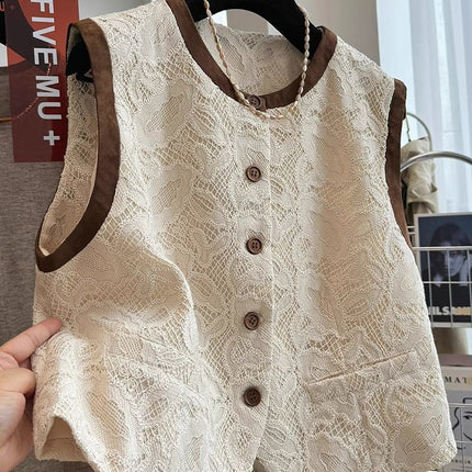 Super Good-looking Light Luxury Chanel Style Lace Outer Wear Round Neck Sleeveless Vest Women's Spring and Autumn Waistcoat Top