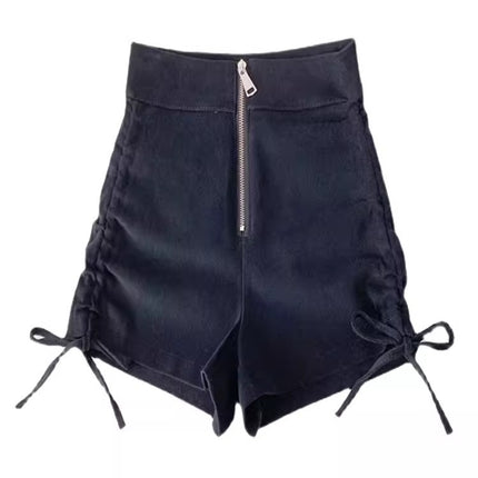 Black Shorts Women's Spring Small Drawstring High Waist Zipper A- Line Wide Leg Pants 2024 Sweet Hot Sexy Hot Pants