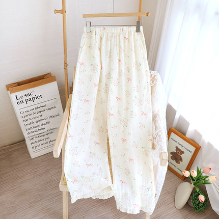 Spring and Summer Pajama Pants Women's Cotton Double-layer Gauze Loose Pants Floral Thin Lace Casual Outwear Home Pants