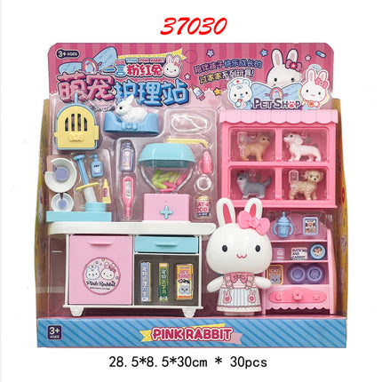 Yiyan pink rabbit kitchen refrigerator mini dressing table cake party simulation medical tools girl play house toy batch