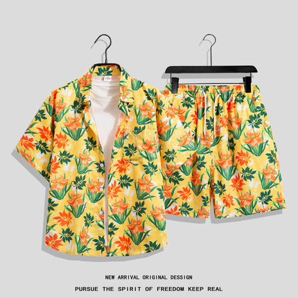 Men's Ins Summer Loose Short-Sleeved Shorts Suit Trendy and Handsome Beach Floral Couple Clothes Hawaiian Style Shirt