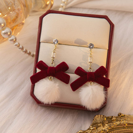 925 Silver New Wine Red Flocking Earrings Elegant Atmosphere Bow Rose New Year Spring Festival Chinese Style Earrings
