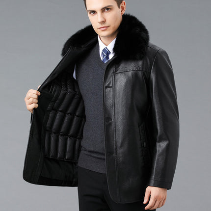 Winter New Warm Thickeneded Goatskin Jacket Men's Real Fur Collar Removable down Jacket Liner Middle-Aged and Elderly Lapel Jacket