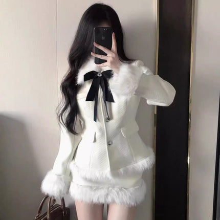 Korean Drama Daughter Big Miss Tight Waist Slimming Woolen Coat Overskirt suit Women's cotton and thickening Warm Two-piece Set
