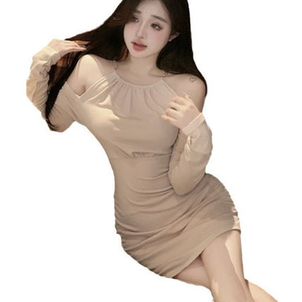 Halter Off-the-shoulder dress women's spring 2024 new pure hot girl sexy figure beautiful sheath short skirt