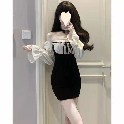Autumn and winter hot girl fake two-piece dress women's new French long-sleeved high-grade waist slim hip short skirt