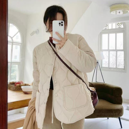 2025 Collarless Lamb Wool Spliced Diamond Plaid Winter K-Style Loose Small Fragrance Style Warm Cotton Coat Women's Cold Protection