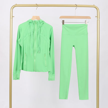 Lulu Df Stamped Hooded Jacket and Cropped Pants Set, Tight-Fitting Stretch Jacket with Gold Zipper, Fitness Yoga Outfit