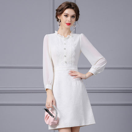 Elegant and Noble Women's Dress with Smart Collar, Pearl Decoration, Long Sleeves, Slimming Effect, New 2026 Spring Collection