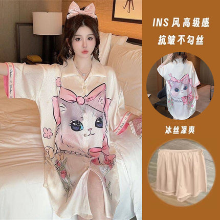 Summer New Style Fashionable Pure Lust Sexy Ice Silk Shirt Pajamas Loose High-End Home Wear Suit for Women