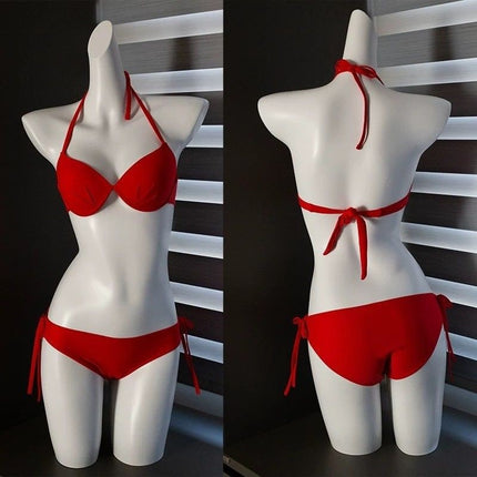 Pure Desire Sexy Spice Girl Red White Bikini Three-Piece Blue Knitted Blouse High-Level Photo Swimsuit