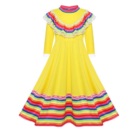 Traditional Mexican Girl Long Dress Ethnic Dance Costume Children Ethnic Style Party Performance Game Costume