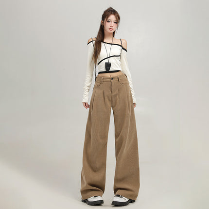4 Color Corduroy Pleated Wide Leg Casual Pants Women's 2024 Autumn and Winter New High Waist Loose Slimming Straight Pants