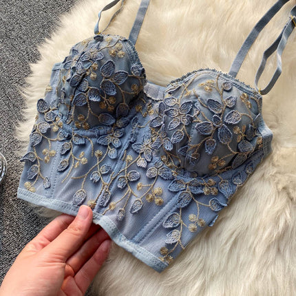 Mesh Lace Court Wearing French Fishbone Underwear Women's Cross-border Embroidered Bra Panties Set