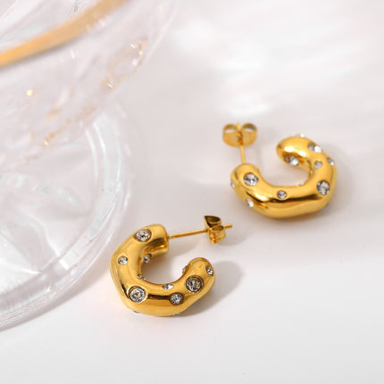 European and American Ins Irregular Hammered Zircon C-Shaped Hoop Earrings 18K Gold-Plated Stainless Steel Earrings Women's Geometric Hammered Earrings